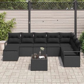 Conjunto de Sofá de Jardim em 9 peças com almofadas bege de rattan.