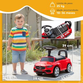 Carro Andador para Crianças Mercedes-Benz Classe C com Buzina Volante Sons de Motor e Espaço de Armazenamento 65x28x39 vermelho