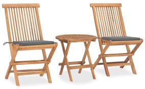 vidaXL 3 pcs conj. jantar dobrável exterior c/ almofadão teca maciça