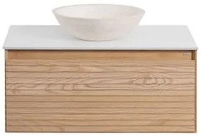 Conjunto De Móvel De Casa De Banho Em Madeira De Freixo Tedrik Castanho Fresno & Cimento Redondo Branco Ø40 Cm Zavion & Sem Espelho & Sem Torneira -