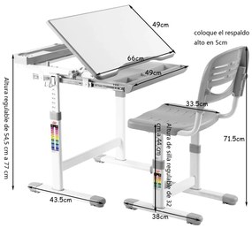 Secretária para crianças com Cadeira ajustável em altura com gaveta em ângulo 66 x 49 x (54,5 - 77) cm Cinzento