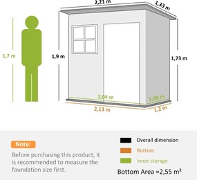 Abrigo de Jardim Exterior 2,55 m² 221x133x190 cm com Janela Porta com Fechadura e Ventilações Cinzento Escuro