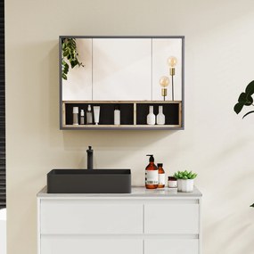 Móvel de casa de banho parede com espelho 80 x 20 x 60 cm, com 3 portas e 8 compartimentos, cinzento