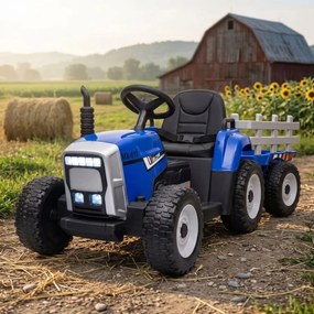 Tractor de bateria para crianças 3 a 5 anos, 12 volts, Pneus borracha, banco em pele, com reboque e Comando Azul
