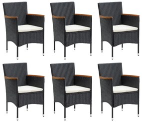 7 pcs conjunto de jantar p/ jardim c/ almofadões vime PE preto