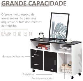 Armário Auxiliar multiusos de Escritório para Impressora com Prateleiras e Gavetas Grande Arrumação 100x35x65 cm Preto e Branco