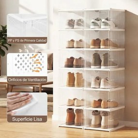 Caixas de sapatos dobráveis, 6 níveis, em plástico, com porta basculante, portáteis, para entrada, armário transparente + branco