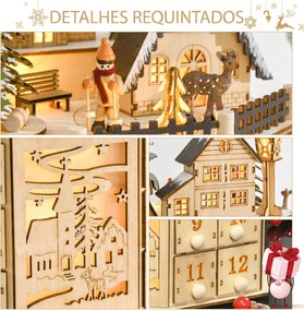 Calendário do Advento de Natal em Madeira Reutilizável com Luzes LED 24 Gavetas Cena de Aldeia 25x20x29 cm Natural