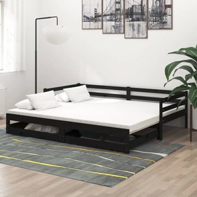 vidaXL Estrutura sofá-cama de puxar 2x(90x200) cm pinho maciço preto
