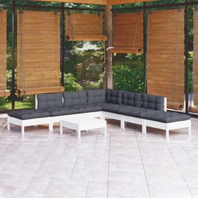 8 pcs conjunto lounge de jardim c/ almofadões pinho branco