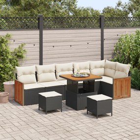 Conjunto de Sofá de Jardim de 9 Peças com Almofadas Preto Rattan Polietileno Acácia