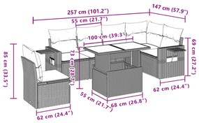 7 pcs conjunto de sofás jardim c/ almofadões vime PE castanho