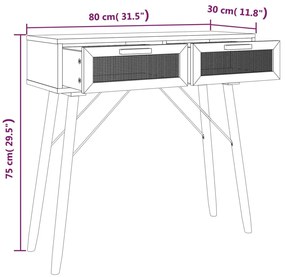 Mesa consola 80x30x75 cm pinho maciço e vime natural preto