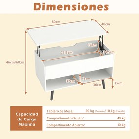 Mesa de centro com tampo elevável 80 x 40 x 46 cm, compartimento oculto e 2 prateleiras para sala de estar Branco