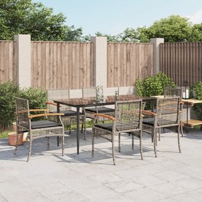 7 pcs conjunto de jantar p/ jardim c/ almofadões vime PE cinza