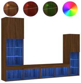 4 pcs móveis parede TV c/ LEDs deriv. madeira carvalho castanho