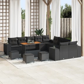 Conjunto de Sofá para o Jardim de 14 Peças com Almofadas Preto Rattan