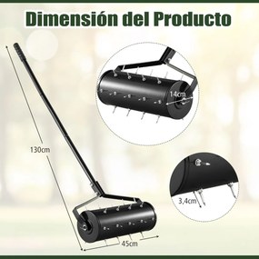 Rolo para Relva com arejador de relva com rolo de 44 cm Cabo amovível de 128 cm e dentes para jardim Preto