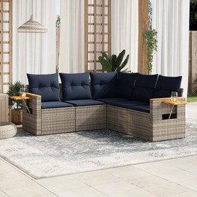 5 pcs conjunto sofás p/ jardim c/ almofadões vime PE cinzento