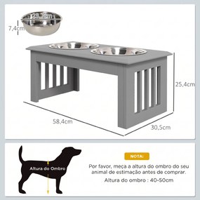 Comedouro Elevado para Cães com 2 Tigelas Removíveis em Aço Inoxidável, 58,4x30,5x25,4 cm, Cinzento