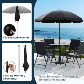 Conjunto exterior de 6 peças com guarda-sol, mesa redonda e cadeiras dobráveis para 4 pessoas para jardim, preto