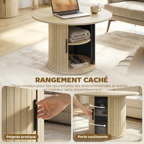 Mesa de centro redonda 80L x 80P x 50A cm, mesa de sala com espaço de arrumação, porta de correr com ripas, 2 prateleiras, efeito de madeira natural