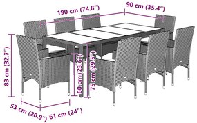 9pcs conj. jantar jardim + almofadões vime PE/vidro cinza claro