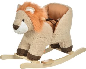 Baloiço Infantil em Forma de Leão de Pelúcia para Bebés 18-39 Meses com Som Cinto de Segurança Guidão Apoio para os Pés 68x35x50cm Castanho