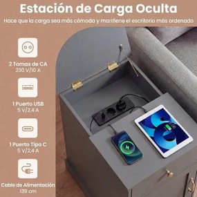 Mesa de cabeceira, mesa de apoio 35 x 60 x 62 cm com estação de carregamento com gaveta, armário e estante ajustável cinza