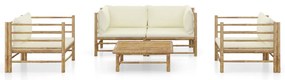 5 pcs conj. lounge p/ jardim em bambu c/ almofadões branco nata