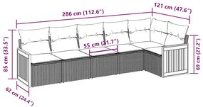 6 pcs conjunto sofás de jardim c/ almofadões vime PE preto