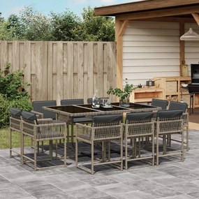 vidaXL 11 pcs conjunto jantar p/ jardim c/ almofadões vime PE cinzento