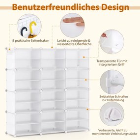 Sapateira DIY 124 x 32 x 125 cm com 12 compartimentos para 48 pares de sapatos e botas, armário organizador de sapatos de plástico, branco