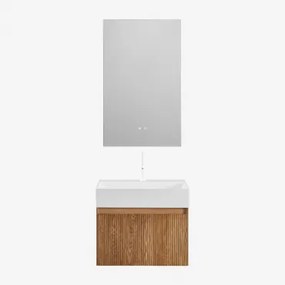 Conjunto De Móveis De Casa De Banho Em Madeira Aldeia Com Lavatório Integrado Madeira Escura & Retangular Led E Anti-embaciamento 55x90 Cm - Sklum
