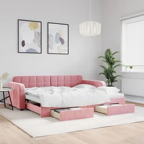 vidaXL Sofá-cama com gavetão e gavetas 90x200 cm veludo rosa