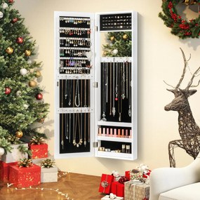 Armário Jóias com espelho de corpo inteiro 31,5 x 9,5 x 110 cm com espelho de maquilhagem interior com ganchos e prateleiras Branco