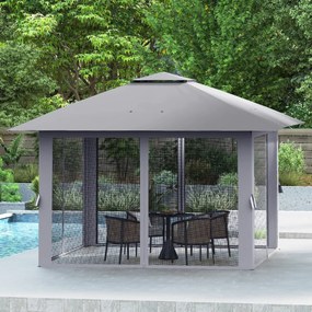 Pergula dobrável 394 x 394 cm, portátil com teto duplo e rede, bolsa de transporte, abrigo solar de montagem rápida e instantânea, cinzenta