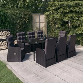 vidaXL 9 pcs conjunto de jantar para jardim com almofadões preto