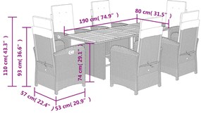 7 pcs conjunto de jantar p/ jardim c/ almofadões vime PE cinza