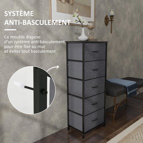 Cómoda com 5 gavetas 45 x 30 x 116 cm, móvel de arrumação com gavetas em tecido dobrável – estrutura em aço preto cinzento escuro