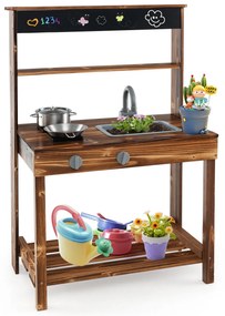 Cozinha de brinquedo em madeira de abeto com vasos de plantas e pia removível - marrom