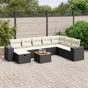 9 pcs conjunto de sofás p/ jardim c/ almofadões vime PE preto