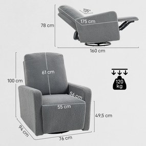 Poltrona Relax Reclinável Manual Poltrona Relax de Borreguito com Função de Baloiço 360° Reclinável até 135º 76x94x100 cm Cinza