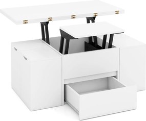 Mesa de centro elevável conversível em mesa de jantar para 4 pessoas com 4 bancos 3 em 1 extensível com e gaveta Branco