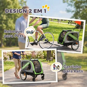Reboque de Bicicleta para Cães 2 em 1 com Carrinho de Transporte, Refletores e Bandeira de Segurança, Verde
