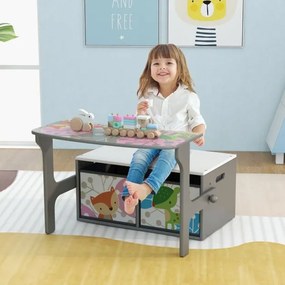 Conjunto de mesa e cadeira para crianças com 2 recipientes de pano amovíveis Mesa para crianças 3 em 1 com banco de actividades convertível Cinzento