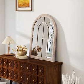 Espelho de painel de janela estilo fazenda arqueado  88 x 69,5 x 3,5 cm montado na parede com moldura metálica Cinza rústico