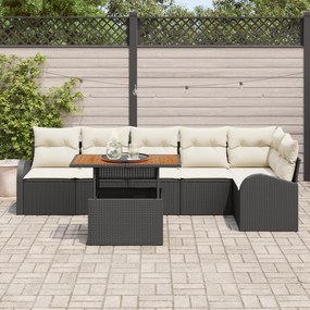 Conjunto de Sofás de Jardim de 7 Peças com Almofadas Preto Rattan Poli