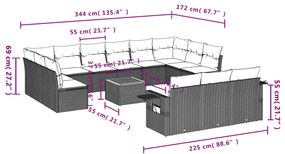 14 pcs conjunto de sofás p/ jardim c/ almofadões vime PE preto