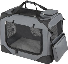 Transportadora dobrável tamanho M 72 x 52,5 x 52,5 cm para animais de estimação, com janelas de rede, 3 portas, cama felpuda e bolsos removíveis, para